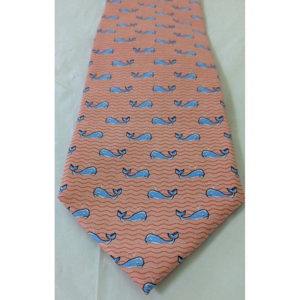Tommy Hilfiger Silk Tie Peach w/ Blue Whale Novelty Pattern Made in USA 58x3.25
